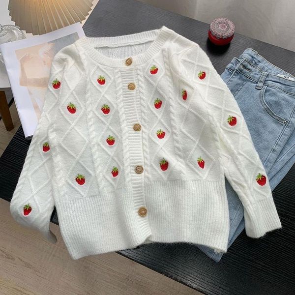 

women's knits & tees zohoha embroidery o-neck soft loose women knitted cardigans elegant full sleeve single-breasted female sweaters 2, White