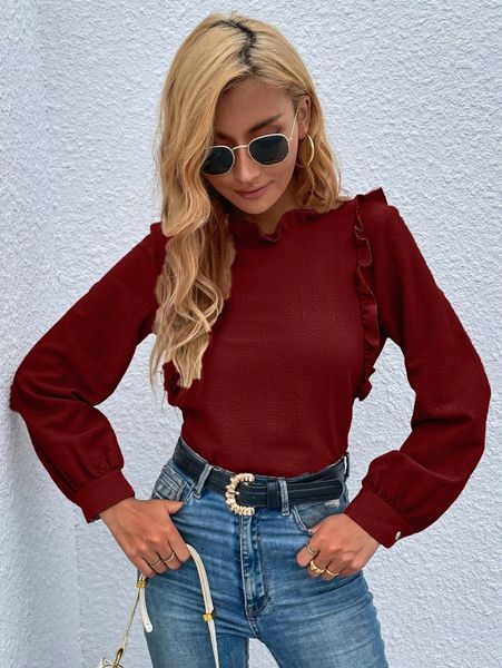 

solid ruffle detail blouse e9e2#, White