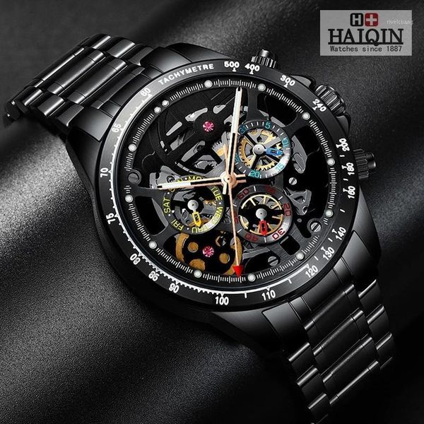 

wristwatches 2021 haiqin men watches luxury automatic brand wrist for mechanical steel skeleton 5bar waterproof reloj hombres, Slivery;brown