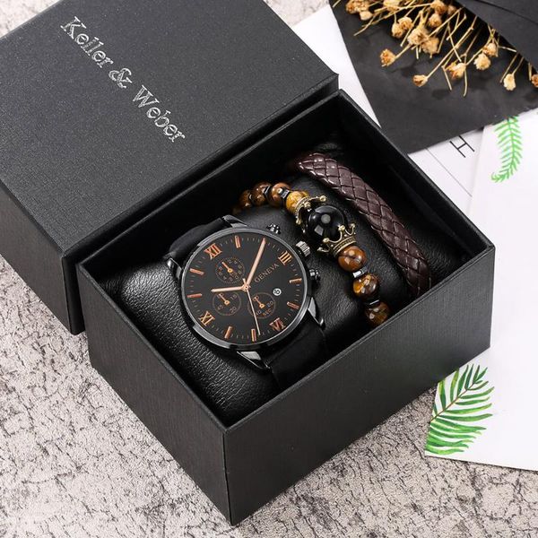 

wristwatches men watch bracelet 3pcs set luxury calendar watches fashion pu leather analog clock business for mens drop, Slivery;brown