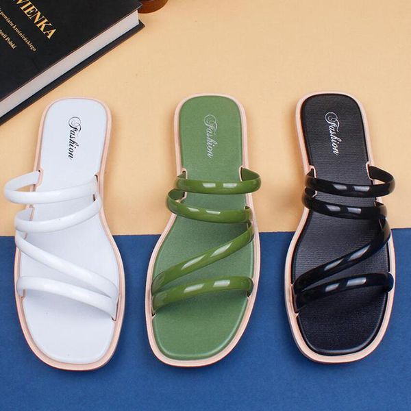 

slippers summer ladies outdoor flat bottom pu vamp fashion trend sandals light and comfortable non-slip breathable, Black