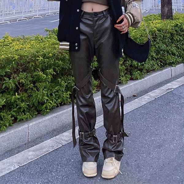 

women's pants & capris y2k pu leather cargo solid color high waist bandage straight-leg trousers gothic motorcycle street bottom, Black;white
