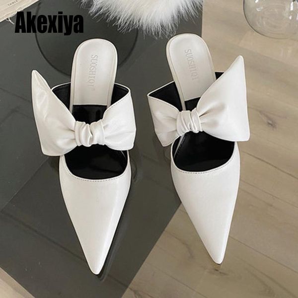 

dress shoes superfine fiber butterfly-knot slippers women pointed toe high heel sandals style mules woman u023, Black