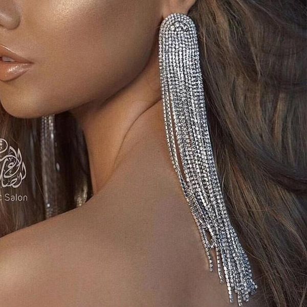 

dangle & chandelier luxury shiny rhinestone tassel earrings for women fashion jewelry evening dress statement accessories, Silver