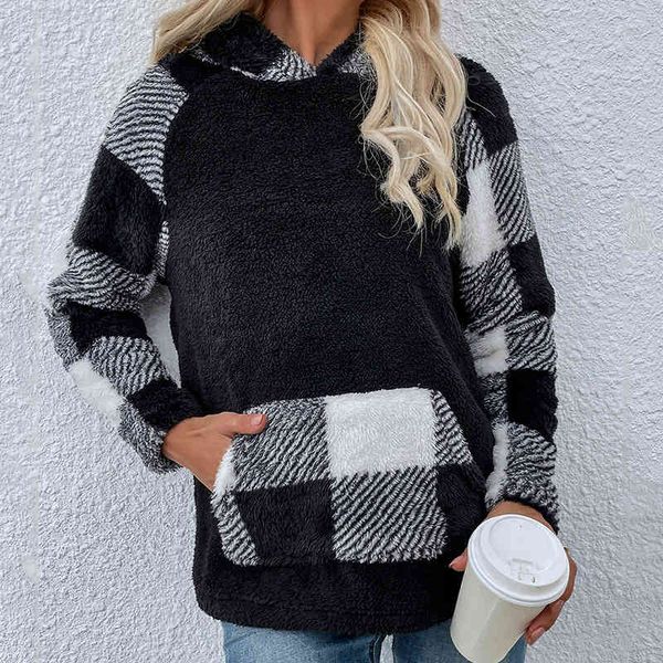 

women's jackets trendy fleece sweatshirt plaid pattern hooded long sleeves kangaroo pocket women flocking hoodies autumn winter ou, Black;brown