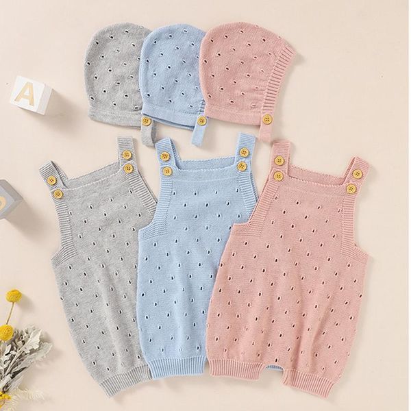 

jumpsuits baby knitted romper set infant boy girl spring autumn matching sleeveless suspender jumpsuit+solid color hat 2pcs, Blue