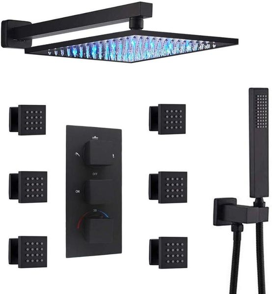 

luxury black12 inch wall mounted led rain shower head withthermostatic mixer valve and 6 massage body sprays handheld bathroom sets