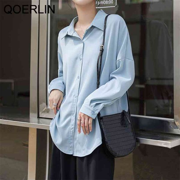 

chic ol formal office blue shirt women long sleeve drape casual loose plain single breasted elegant busas 210601, White