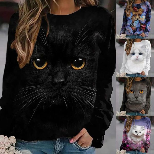 

women's hoodies & sweatshirts cute cats printed sweatshirt women autumn winter long sleeve o neck female pullover casual vintage street, Black