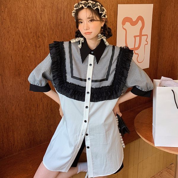 

women 21 korean summer fashion elegant campus white temperament retro plaid ruffle stitching mid-length shirt 16f1134 210510