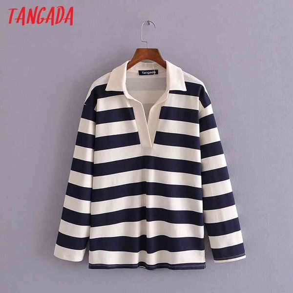 

women striped print t turn down collar long sleeve tees ladies casual tee shirt street wear 3h273 210416, White