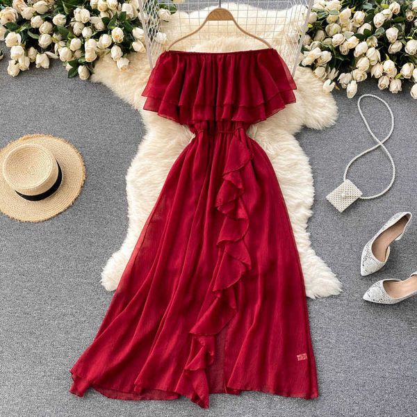 Sexy Slash Neck Chiffon Langes Kleid Frauen Rot/Grün/Lila Unregelmäßige Rüschen Kurzarm Hohe Taille Strand Vestidos weibliche 2021 Y0603