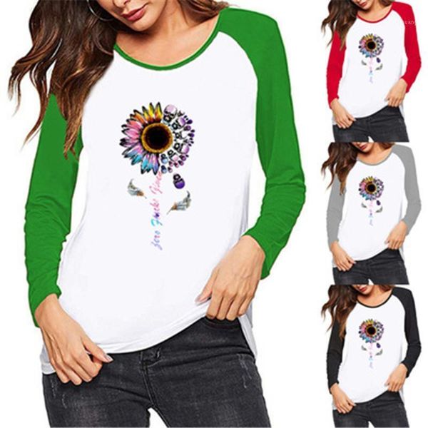 

women's t-shirt autumn long sleeve women o-neck casual color sunflower printed fashion lady pullover streetwear, White