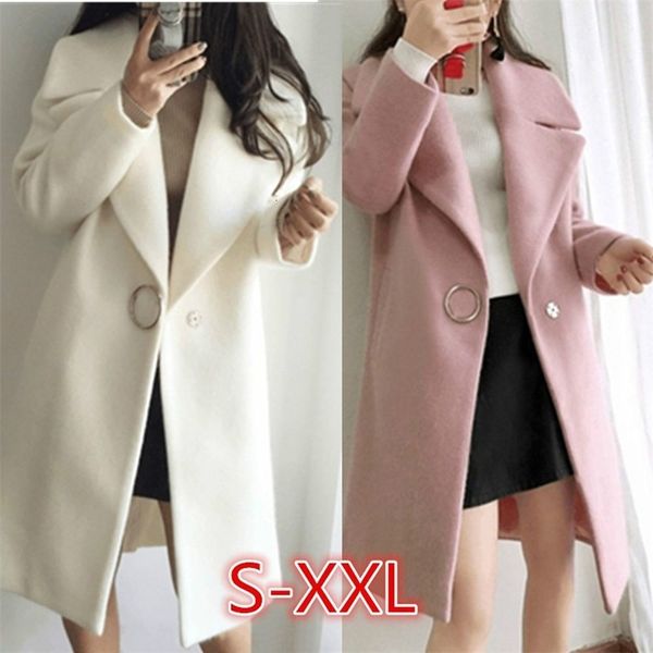 

& faux leather women's fashion winter autumn wool trench coat solid color thick outwear jacket overcoat long coats, Black