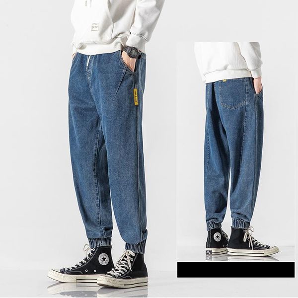 

men's jeans fashion blue solid color men cotton elastic waist harem pants male korean style trendy casual denim tie feet trousers