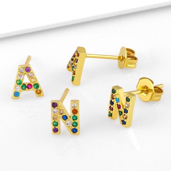

stud flola small 26 initial letter earrings for women multicolor alphabet cubic zirconia rainbow jewelry gifts ersw62, Golden;silver
