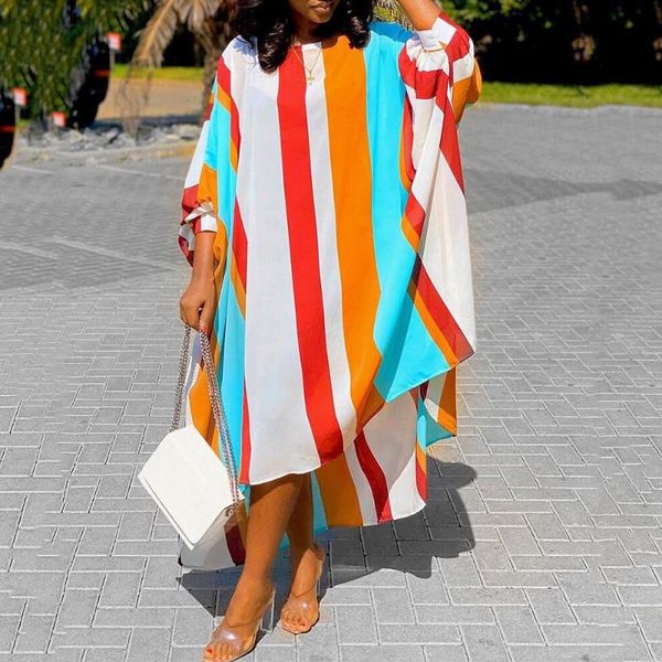 

casual dresses loose striped print dress for womens batwing sleeve mid calf fashion elegant african ladies evening night party vestidos, Black;gray