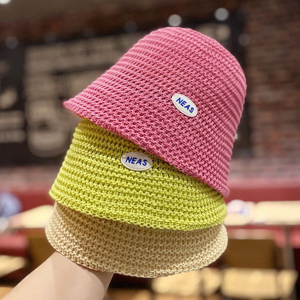 

ins candy color spring and summer pasted cloth bucket hat hollow bell shaped face show small fresh sunshade fisherman's straw, Blue;gray