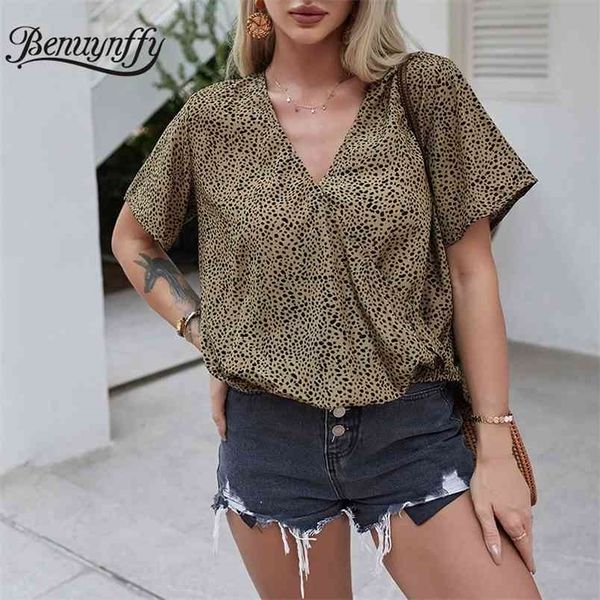 V-pescoço casual impresso blusas mulheres boho verão manga curta moda tops roupas femininas solta alta blusa baixa 210510