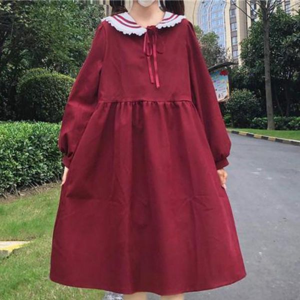 

casual dresses sweet girl autumn/winter japanese soft cute sailor collar lolita princess dress vintage gentle fairy preppy bow maid, Black;gray
