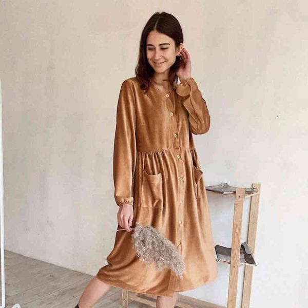 

dresses women khaki corduroy mid-calf casual o-neck lantern sleeve single buttons pockets a-line party vintage loose dress, Black;gray