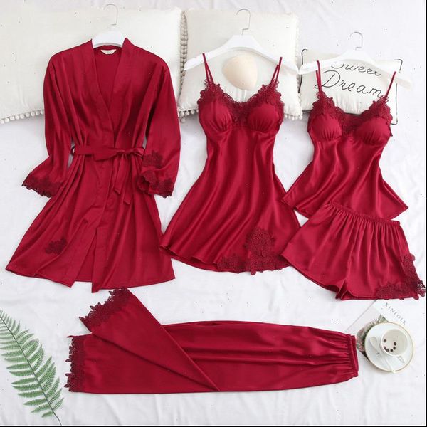 

4 piece and 5 women sleepwear pajamas set lace stain pijamas faux silk dressing gown autumn robe with chest, Black;red