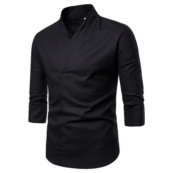 

men's t-shirts long sleeve baggy linen cotton retro v neck casual 2021 style lace solid color fashion, White;black