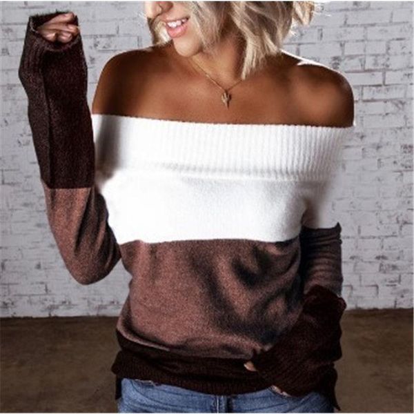 

womens splicing t-shirt sweater fashion long sleeve slash neck strapless knitting designer famale spring loose casual tee sweaters, White