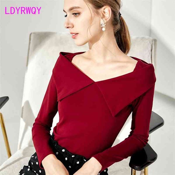 

french retro shirt autumn and winter take long-sleeved neckline dew clavicle large lapel t-shirt female 210416, White