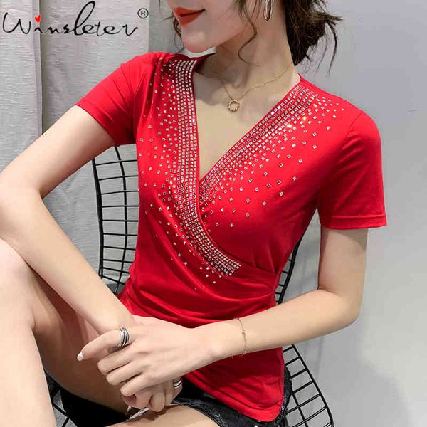 

women's t-shirt summer european clothes cotton girl fashion v-neck drape shiny rivet women short sleeve tees 2021 t14316, White
