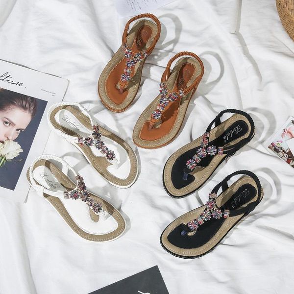 

sandals ladies clip toe crystal flower ethnic flat bottom women's shoes open elastic band 2021 summer bohemian flip-flops, Black