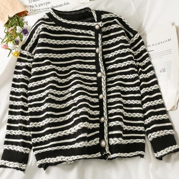 

women's knits & tees knitted sweaters women stripes single-breasted woman cardigans long sleeve sweater knitting oversized coat 2022 sp, White