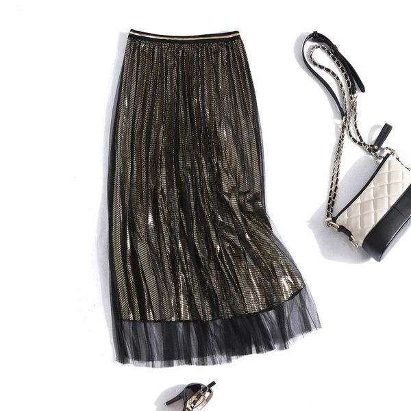 

skirts gold mesh spliced skirt 2021 women high waist casual a line empire sparkling bottom clothing solid sweet bg19-9935, Black