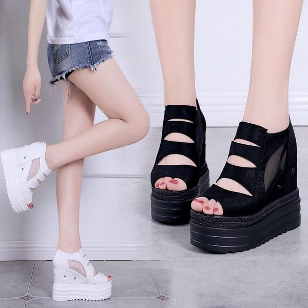 

gladiator platform sandals women shoes summer high heels 12cm mesh ladies casual student wedge chunky girl, Black