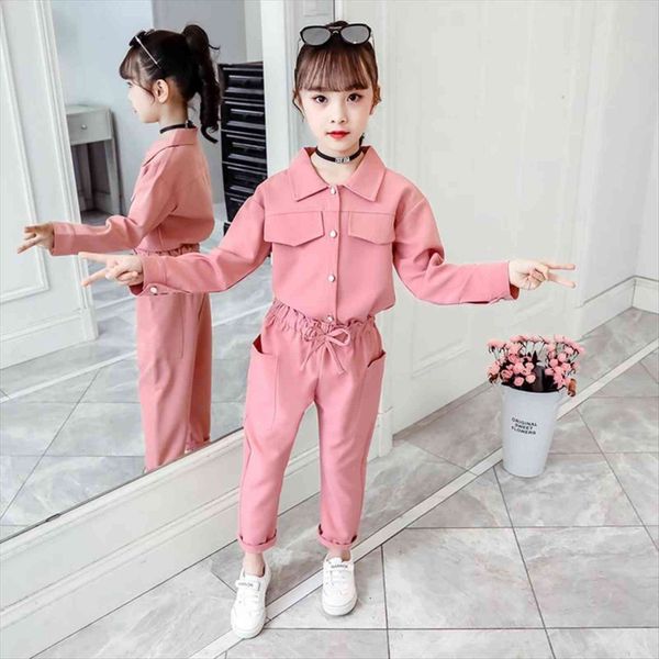 

teenager girls clothing set spring autumn solid blouse pants suit school tracksuit kids clothes 3 4 6 8 10 12, White