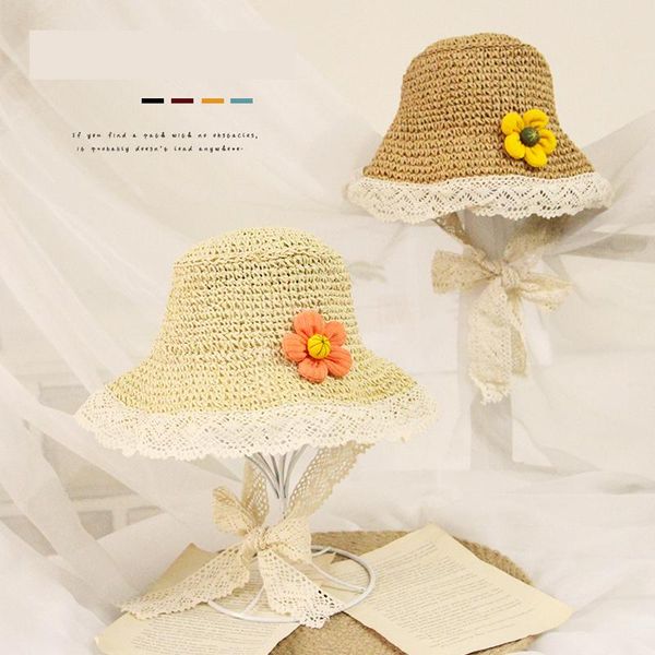 

2-6y summer kids girls straw hats flowers lace bow lovely caps 3 colors &, Yellow