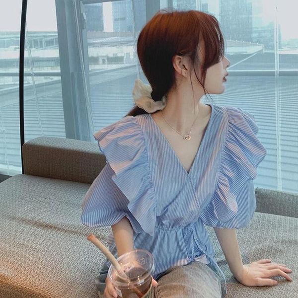 

women's t-shirt summer ol chic leisure korean style striped shirts women ruffles lace-up elegant maiden blue trendy slim female top, White
