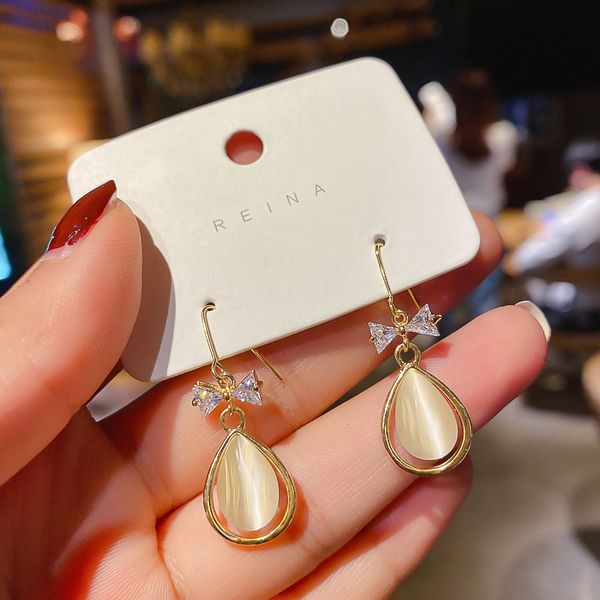 

2021 summer new opal water drop gold earhook simple small bow earrings, Silver