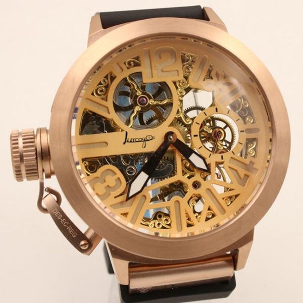 

men luxury watch rose gold sapphire leather strap u style automatic self wind movement luminous boat + skeleton wristwatches, Slivery;brown