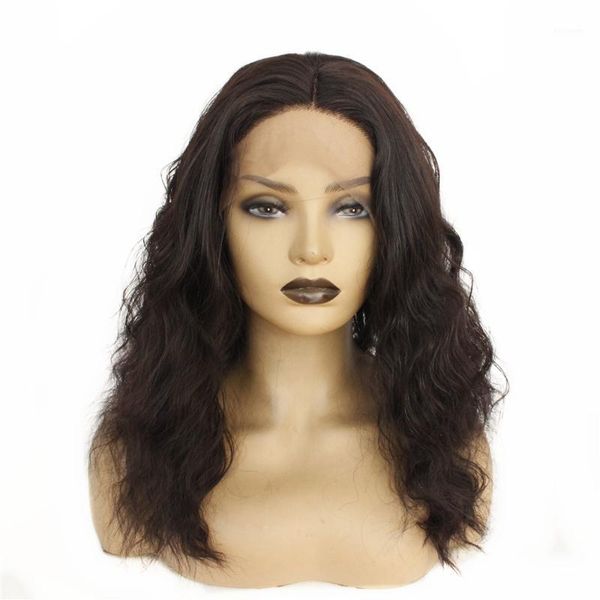 

wigs short hair wavy synthetic lace front dark brown color glueless full with baby middle part for wome1, Black