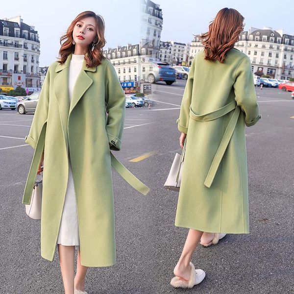 

suofun full sleeve long blue loose korea style 2021 fashion women spring winter warm belt wool blend elegent coats women's & blends, Black