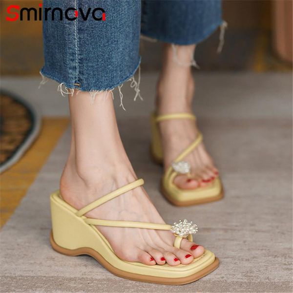 

smirnova high heels wedges sandals ladies genuine leather shoes pearl flip flops fashion simple casual woman dress, Black