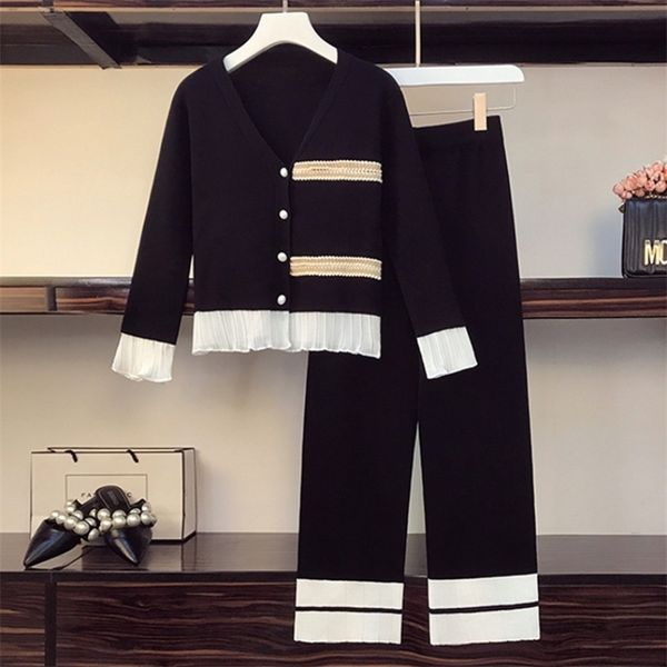

korean autumn winter knitted two piece set for women elegant single breasted patchwork sweater cardigan + pants 2 210514, White