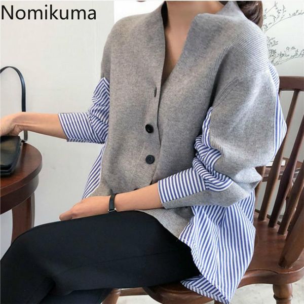 

women's knits & tees nomikuma korean style striped cardigan women knitted patchwork v neck long sleeve knitwear single breasted sweater, White