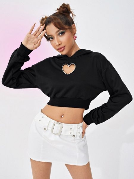 

rhinestone detail cutout crop sweatshirt l9ny#, White;black