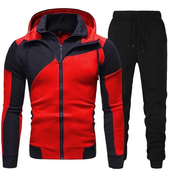 Homens Tracksuit Duplo Zipper Dois Peças Definir Mens Sportswear Masculino Jaqueta Hoodie e Calças Sweatsuit Hoodies + Calças 211103