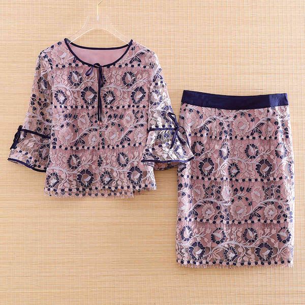 

ladies skirt summer woman two pieces set high-end embroidery lace shirt + elegant floral skirt lady suit female s-xxl, White