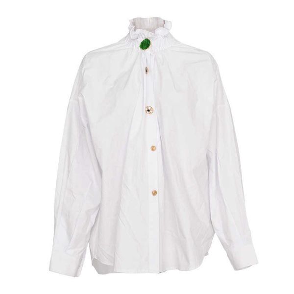 

women's blouses & shirts 2021 autumn fashion exquisite single breasted stand collar lantern sleeve solid color loose casual shirt women, White