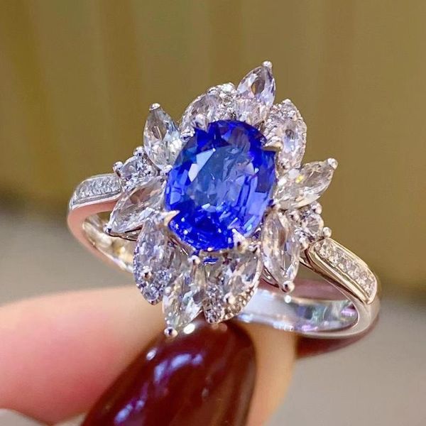 

wedding rings luxury oval cut natural blue crystal engagement ring anniversary gift women banquet party jewelry open adjustable, Slivery;golden