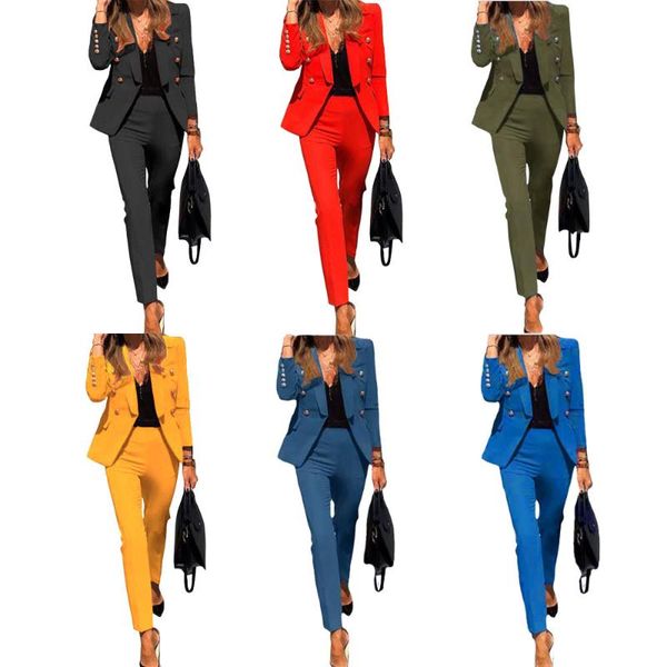 

women's two piece pants 2021 autumn double breasted women 's clothing solid color - set casual suit office lady style fashion, White